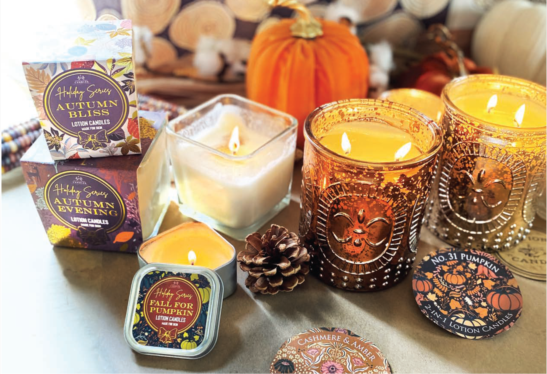 Lotion candles in autumn scents. 
